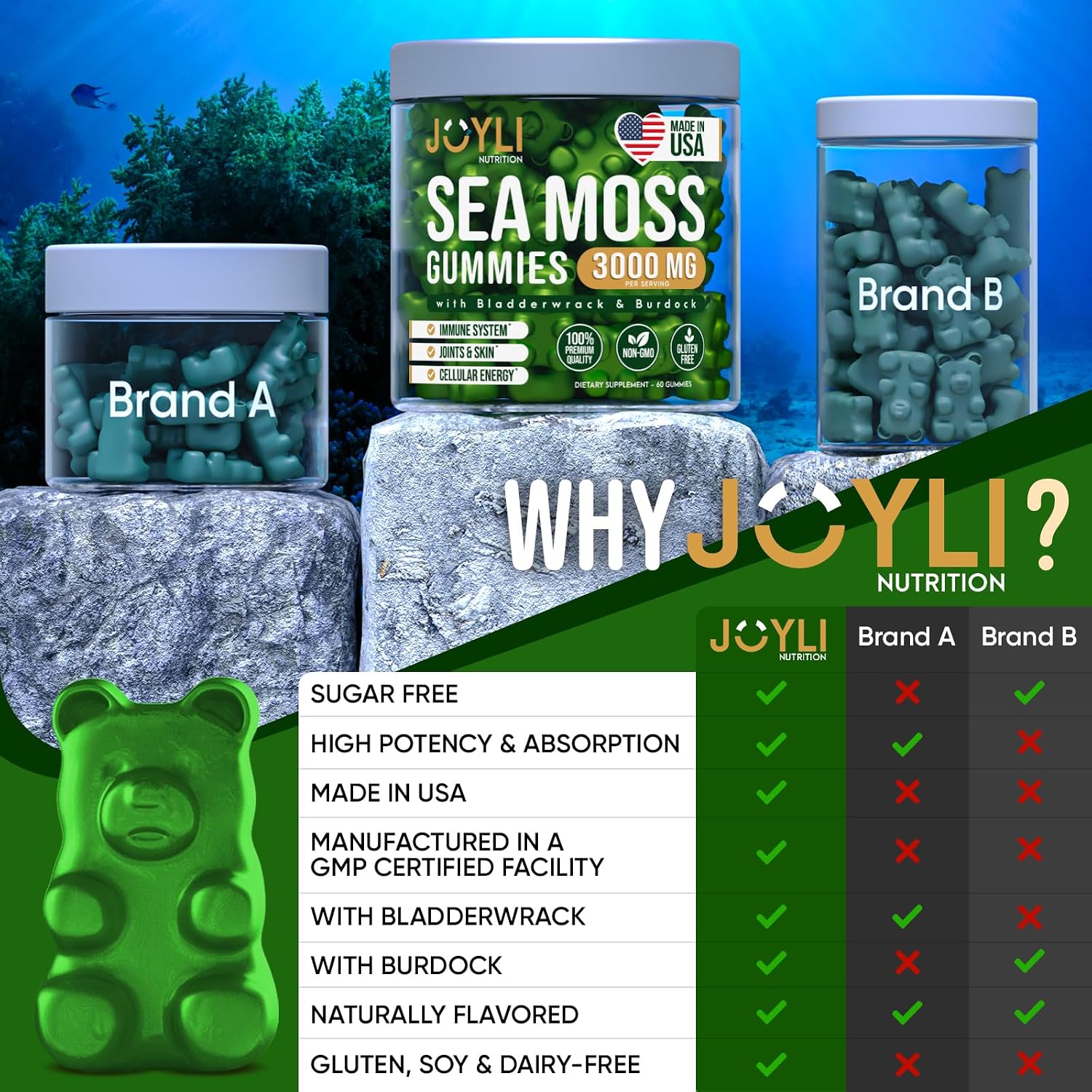JOYLI Nutrition - Gominolas de Sea Moss para Adultos y Niños – Suplemento Vegano con Bladderwrack y Burdock Root – Sin Azúcar – 2 Paquetes de 60 Gominolas