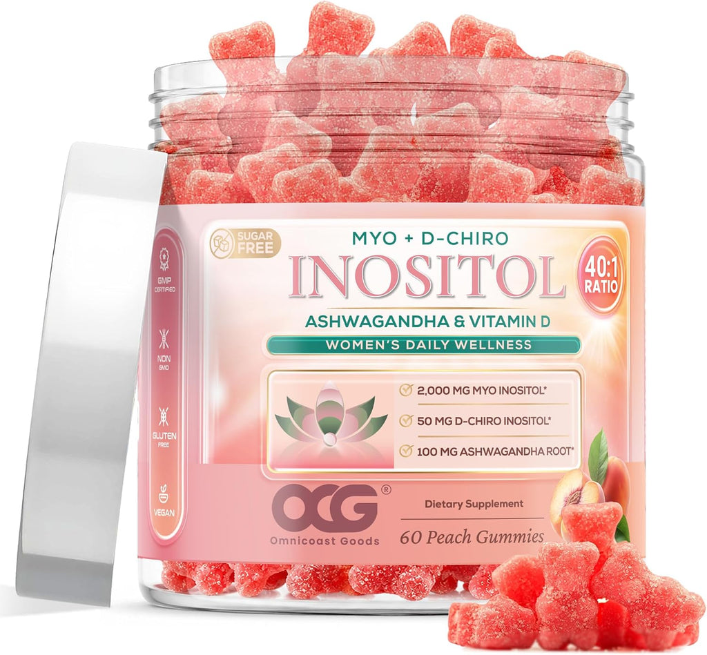 Myo-Inositol & D-Chiro Inositol Gummies con Ashwagandha y Vitamina D3 - 40:1 - Sin Azúcar - 60 Gominolas