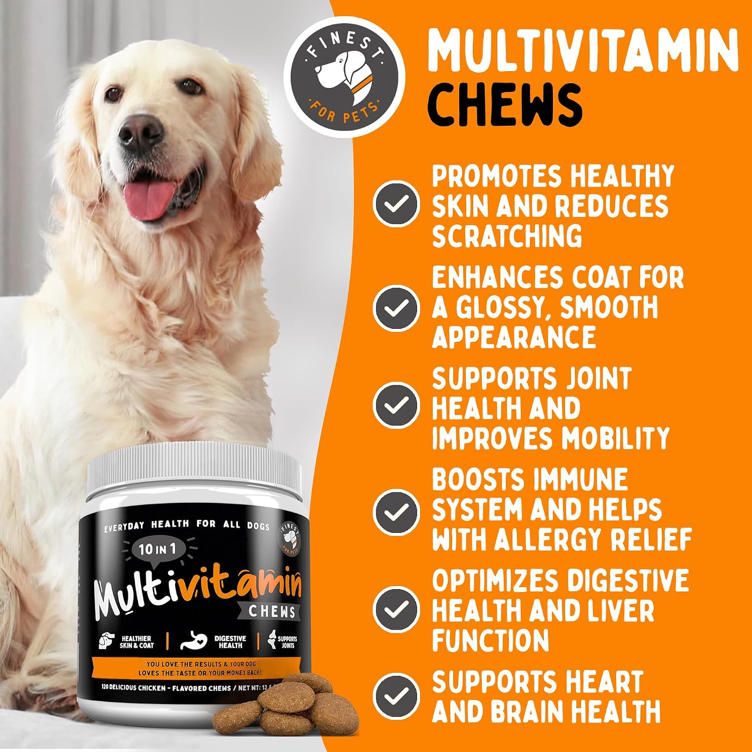 Multivitamínico para Perros 10 en 1 con Omega Fish Oil y Glucosamina – 120 Masticables