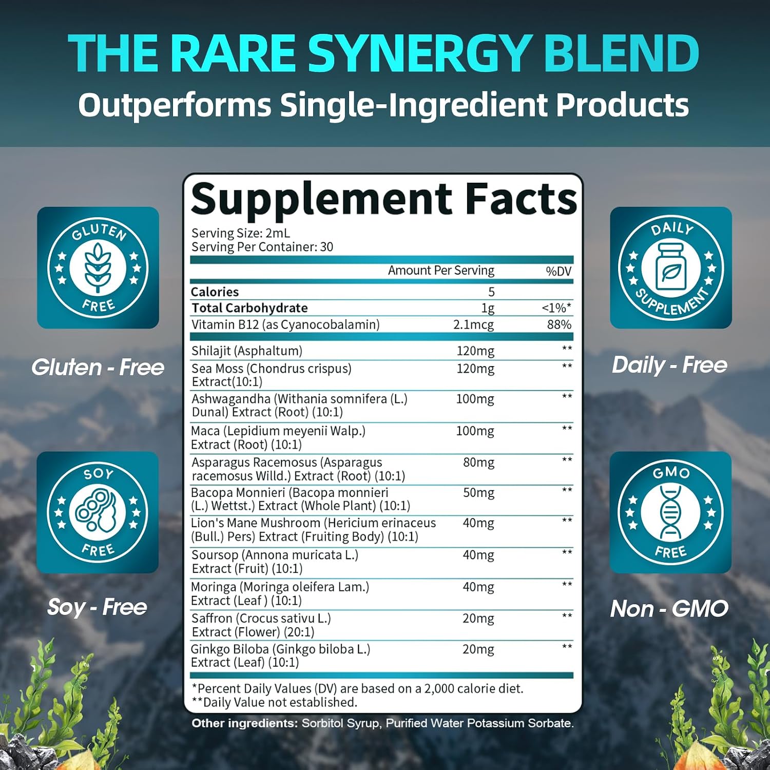 Shilajit Líquido Gotas, Complejo 12 en 1 - Musgo Marino, Ashwagandha, Maca, Ácido Fúlvico, Minerales Traza, Vitaminas Líquidas para Hombres y Mujeres, Energía, Antioxidante, Apoyo Inmunológico, 60ml