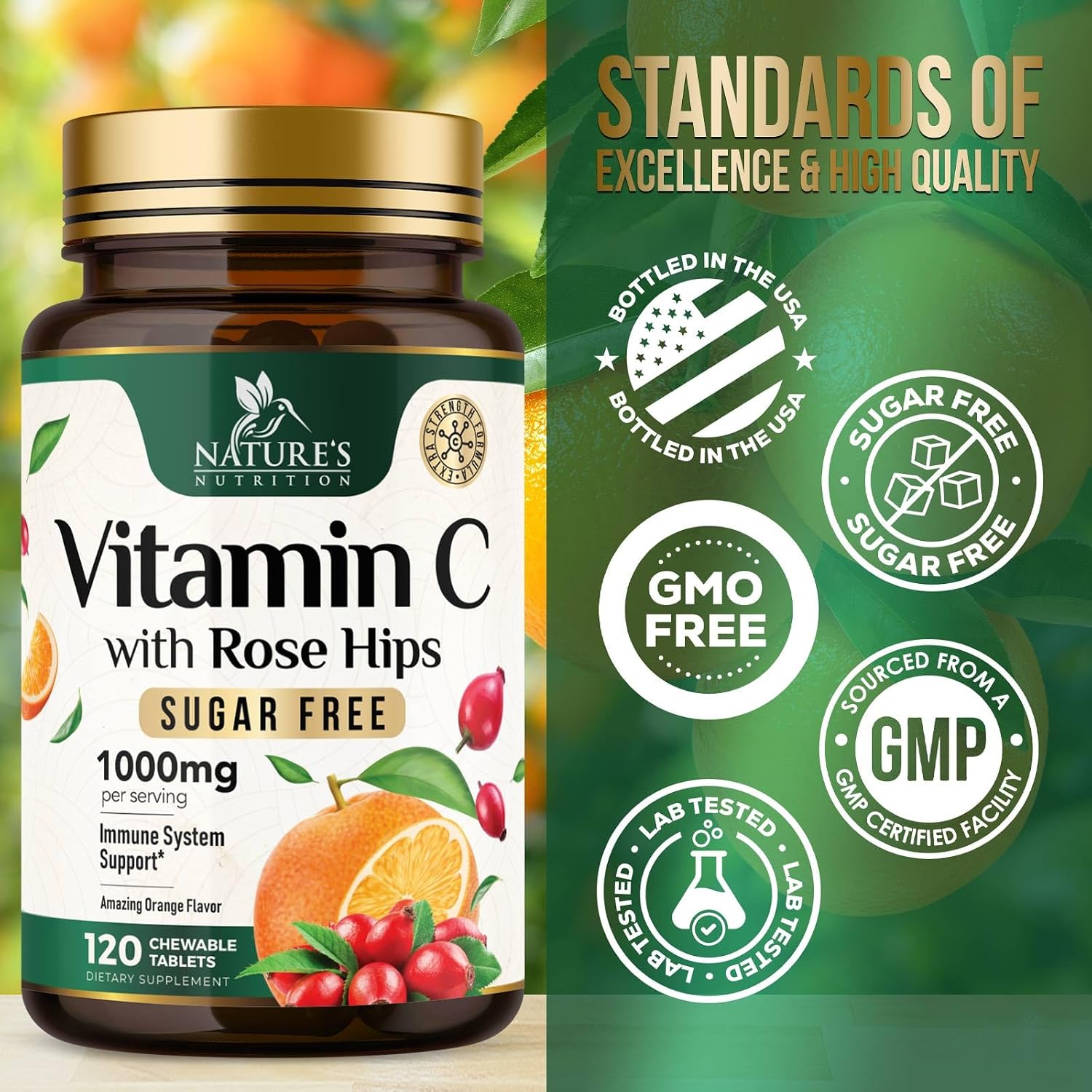 Vitamina C 1000 mg Masticable sin Azúcar con Escaramujo - 120 Comprimidos - Nature's Nutrition