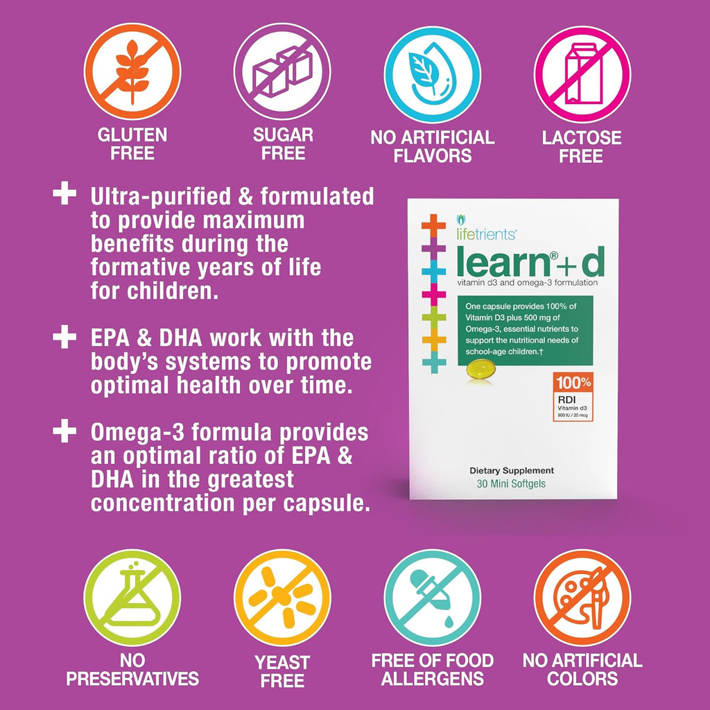 Lifetrients Learn+D — Vitamina D3 y Omega-3 para Niños — 30 Mini Softgels — Salud Ósea, Inmunidad y Nutrición Cerebral