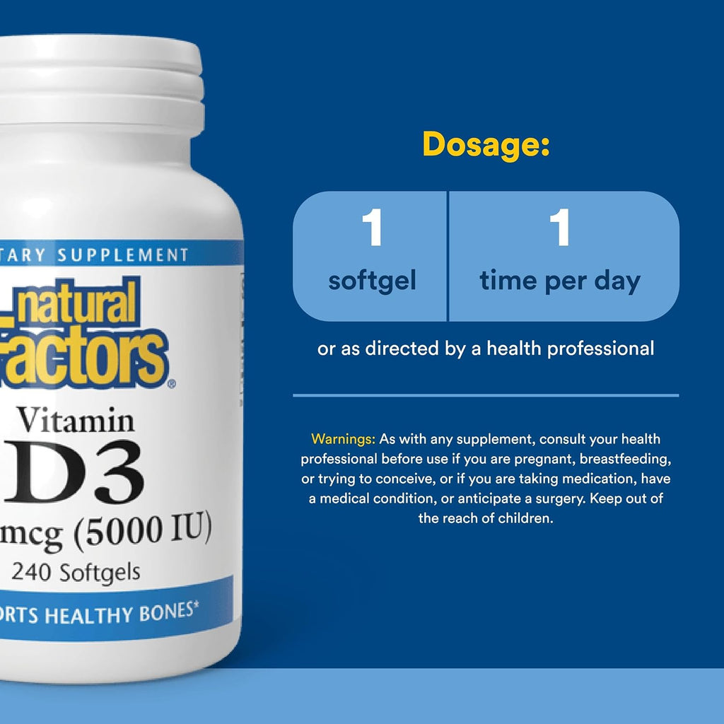 Natural Factors, Vitamina D3, 5000 UI, 240 cápsulas blandas