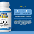 Natural Factors, Vitamina D3, 5000 UI, 240 cápsulas blandas