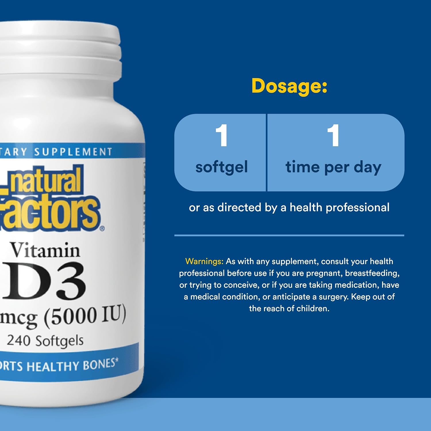 Natural Factors, Vitamina D3, 5000 UI, 240 cápsulas blandas