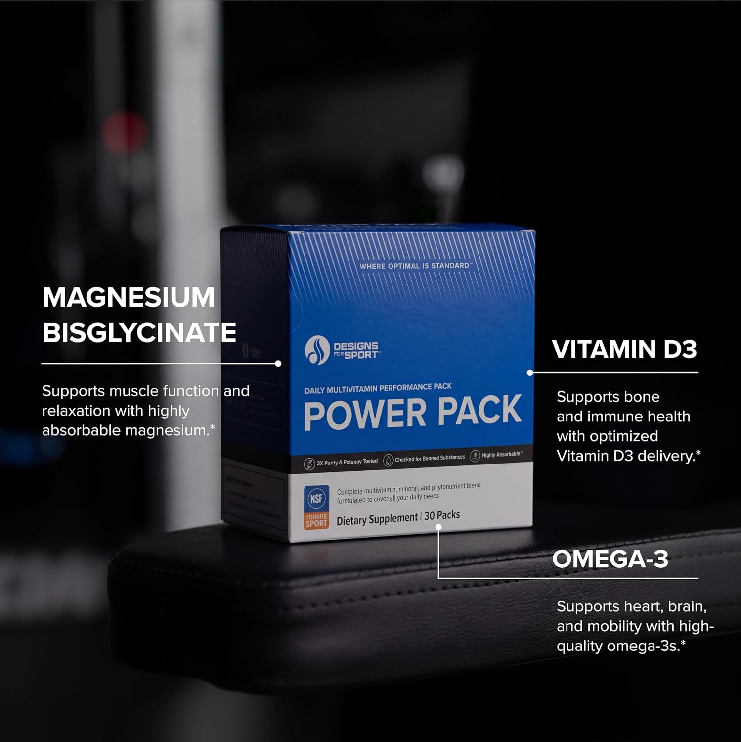 Designs for Sport Vitamin Packs - Pack de vitaminas diario con multivitamínico, omega-3, magnesio y vitamina D3+K - 30 sobres