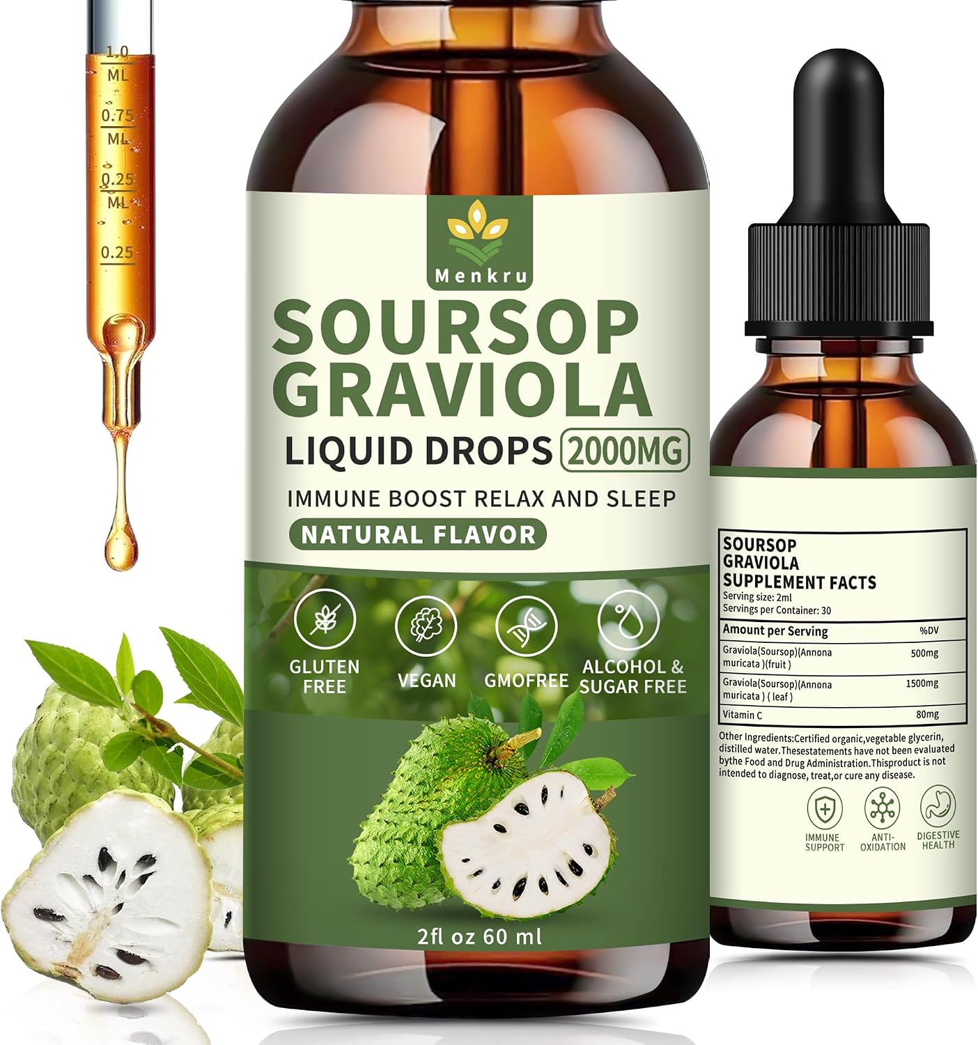 Menkru Soursop Bitters Gotas Líquidas Multivitamínicas - Extracto Orgánico de Hojas de Guanábana con Vitamina C, 60 ml (2 Fl Oz)