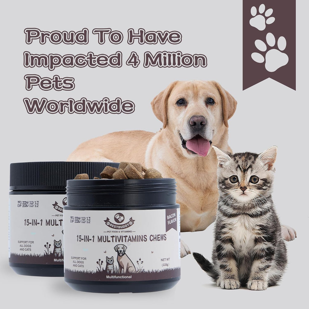 Best Buddy Multivitamin 15-en-1 Snacks para Perros y Gatos, Suplemento Completo para la Salud con Apoyo Articular + Enzimas Digestivas, Vitaminas y Suplementos para Perros sin Cereales para Piel y Pelaje (Tocino/Cerdo, 225g)