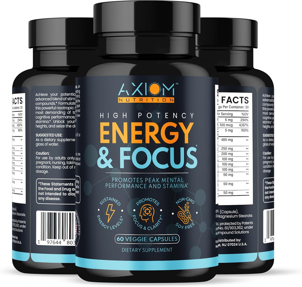 Axiom Nutrition Energy and Focus Extra Strength - 200mg Cafeína y Melena de León, 60 Cápsulas