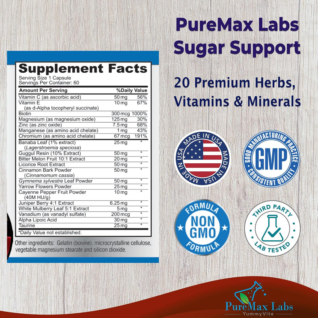 YUMMYVITE Sugar Support - Suplemento con Canela, Cromo, Mora, Ácido Alfa Lipoico - 20 Hierbas y Vitaminas - 60 Cápsulas