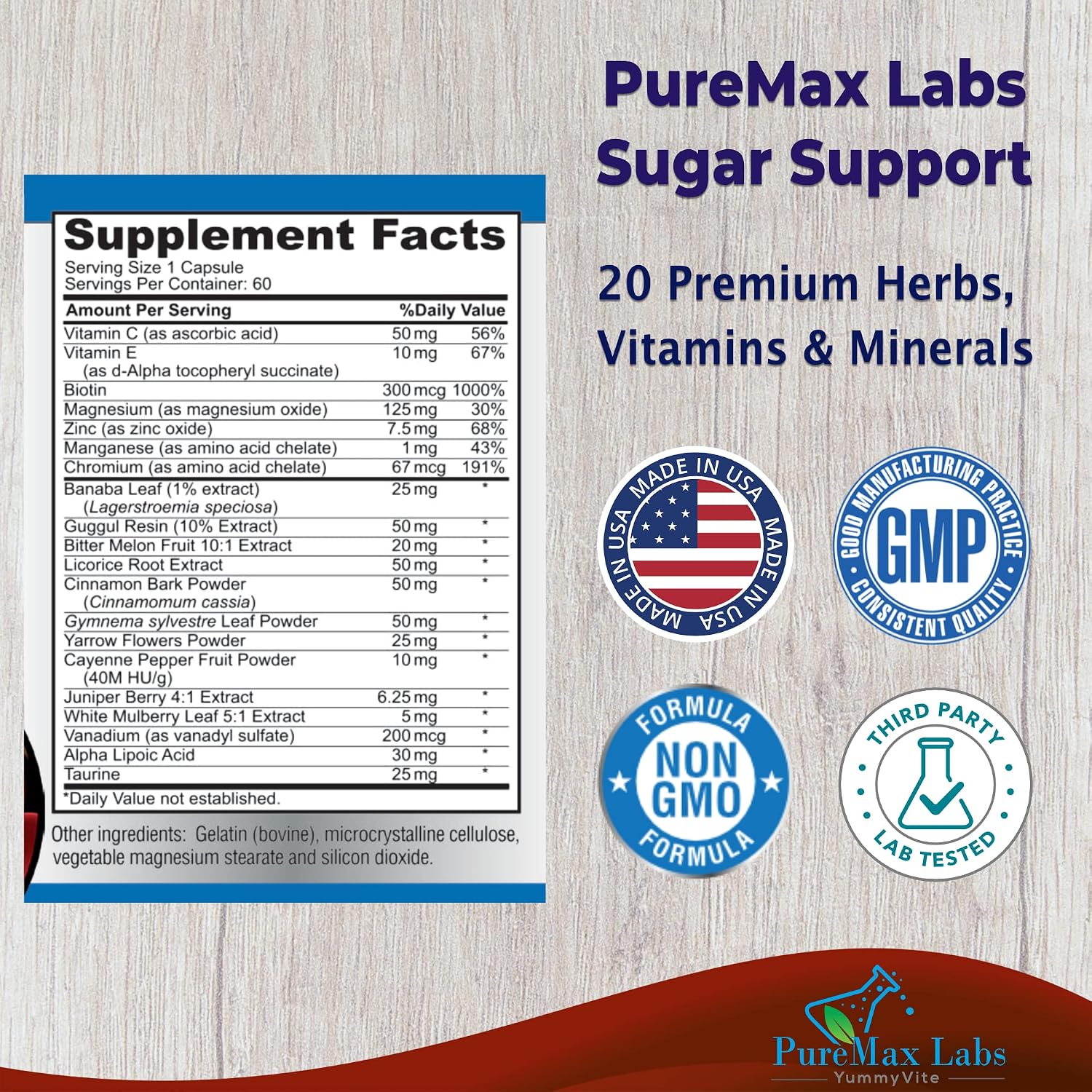YUMMYVITE Sugar Support - Suplemento con Canela, Cromo, Mora, Ácido Alfa Lipoico - 20 Hierbas y Vitaminas - 60 Cápsulas