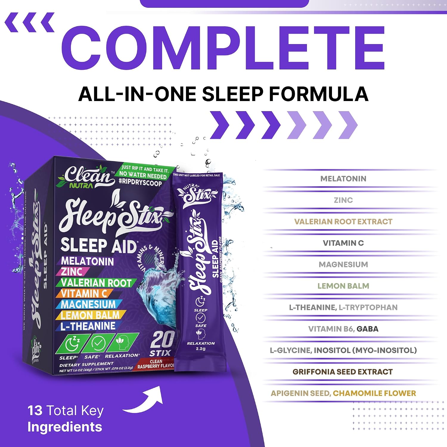 Clean Nutraceuticals Sleep Aid – Polvo de Melatonina con Triptófano, Glicina, Valeriana, Magnesio, L-teanina, Zinc, Inositol, GABA, B6, 5-HTP – 20 Sticks
