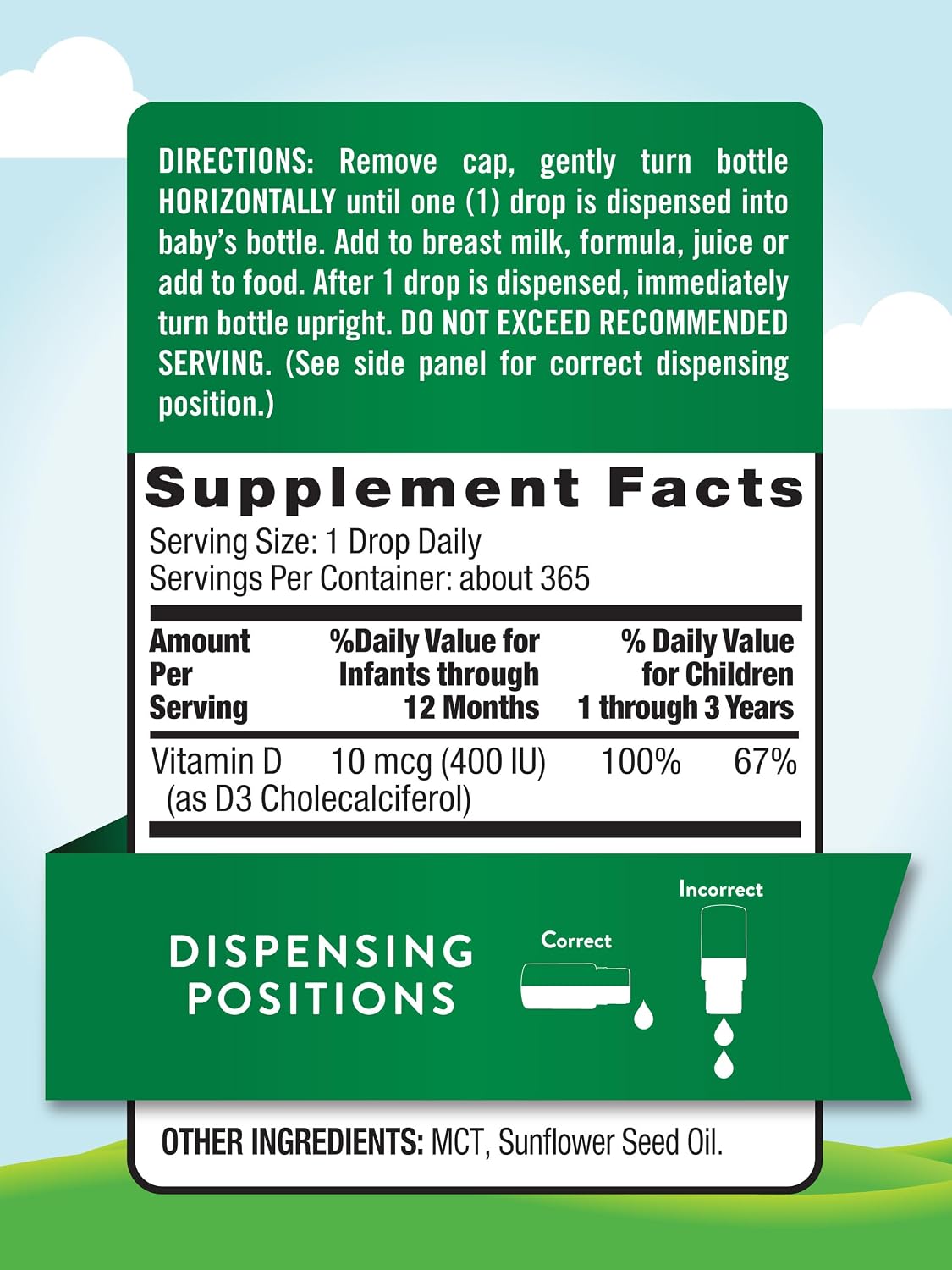 Nature's Truth Gotas de Vitamina D3 para Bebés | 400 UI | 9,2 mL | Vegetariano, Sin Gluten y No GMO