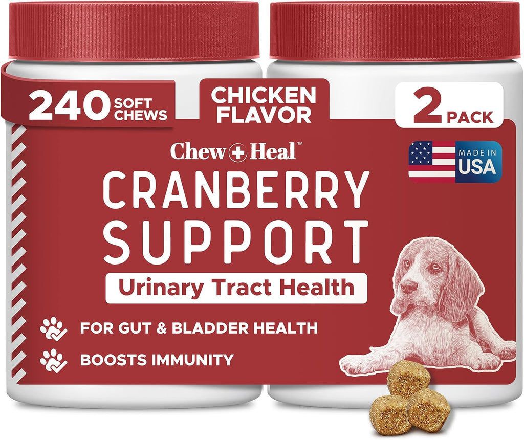 Chew + Heal Labs Suplemento de Arándano para Perros – Apoyo Urinario Natural, 240 Golosinas Blandas (2 Paquetes de 120)