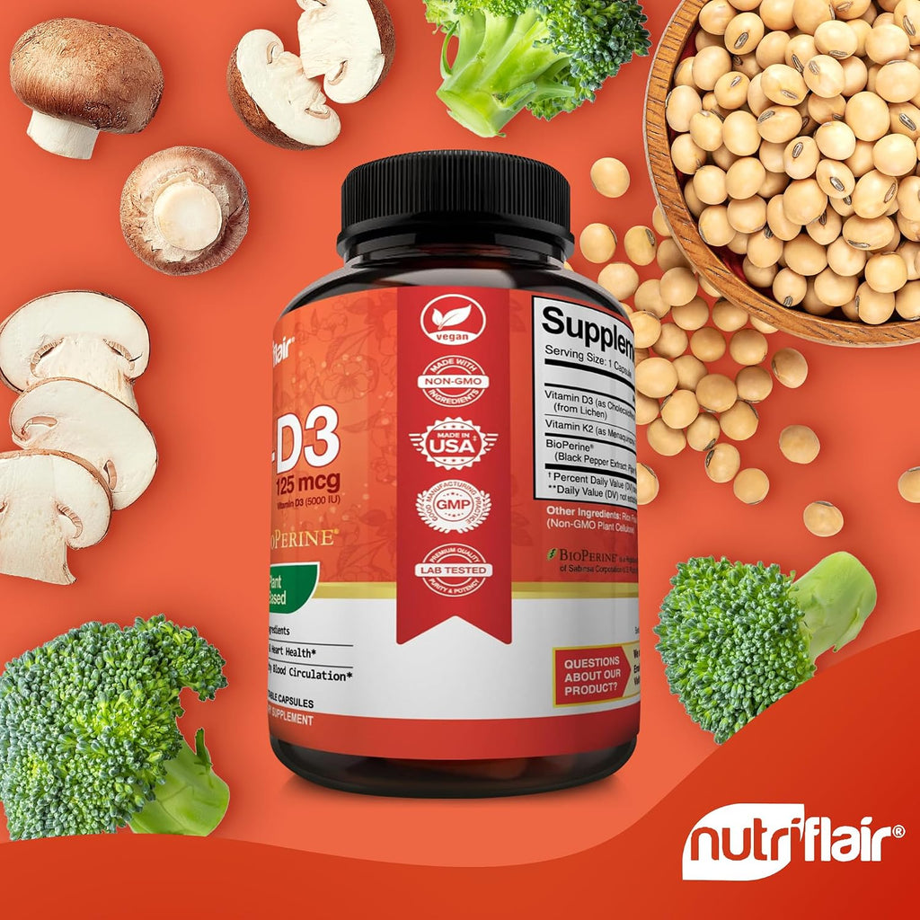 NutriFlair Vitamina D3 5000 UI + K2 MK-7 100 mcg – 90 Cápsulas Veganas