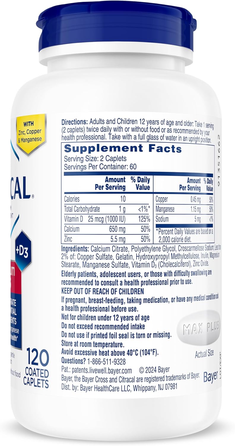 Citracal Maximum Plus - Calcio Citrato con Vitamina D3, Zinc y Minerales Esenciales, 120 Comprimidos