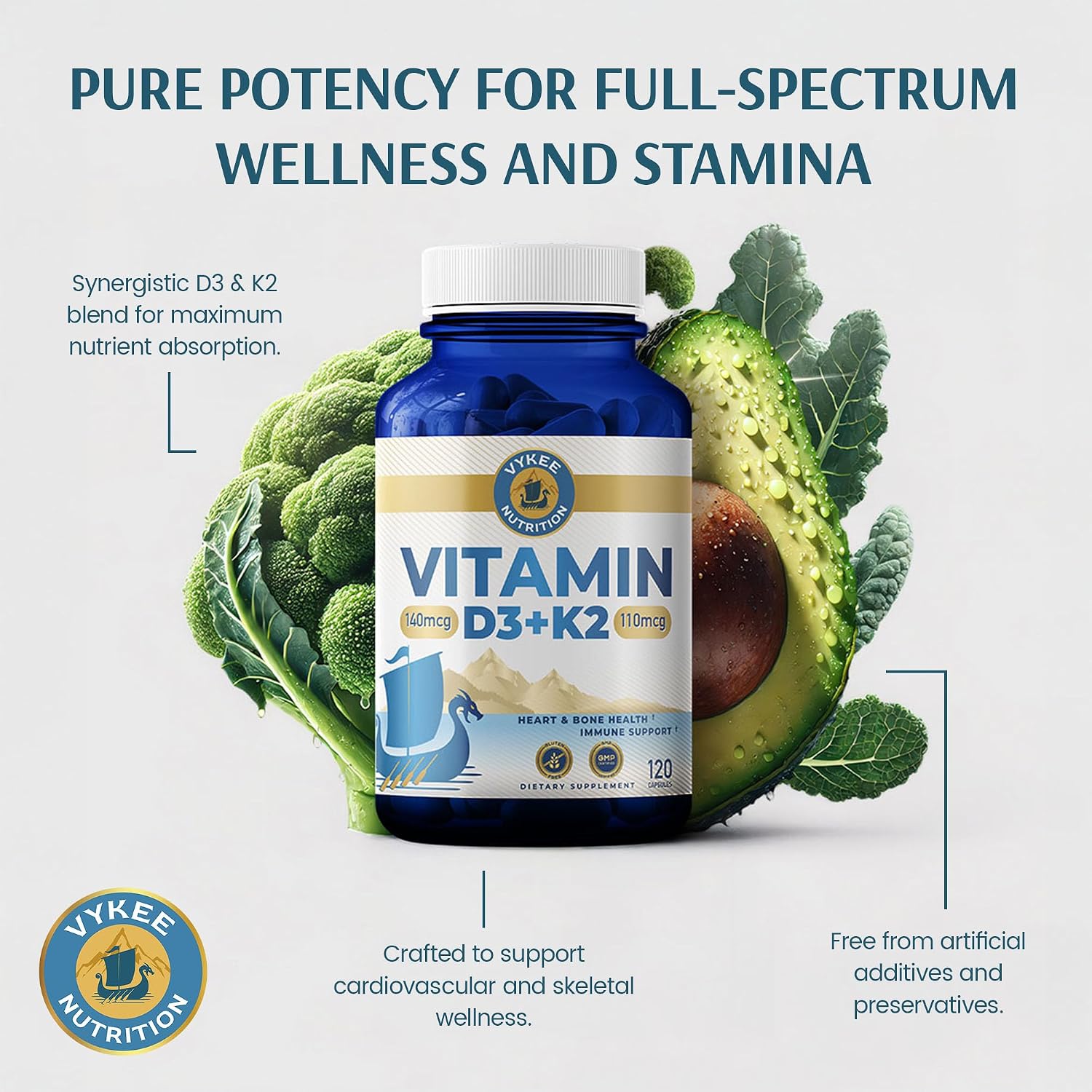 Complejo de Vitamina D3 y K2 de Vykee Nutrition - Alta Potencia: 140 mcg de D3 y 110 mcg de K2 (MK-7) - Suplemento Vegano para el Apoyo Óseo y Cardíaco, Sin OGM, Sin Gluten - 120 Cápsulas