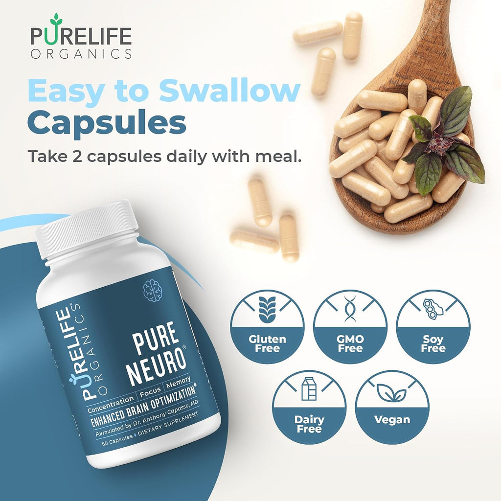 PureLife Organics Pure Neuro – Complemento para Eliminar la Niebla Mental, Apoyo a la Memoria y Enfoque – 60 Cápsulas Veganas y Sin Gluten – Fórmula del Doctor