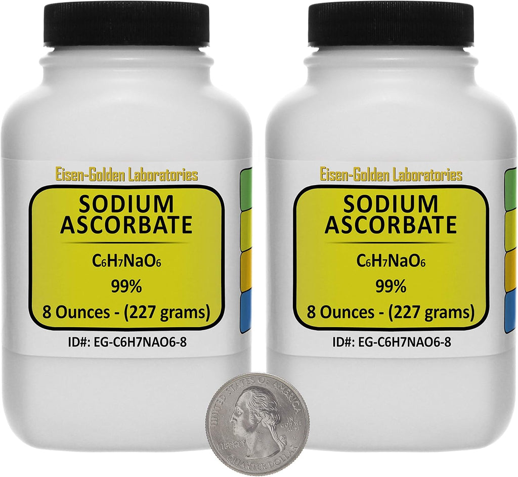 Sodium Ascorbate (Ascorbato Sódico) [C6H7NaO6] 99% USP Grado Alimenticio en Polvo - 1 Libra (453 g) en Dos Botes