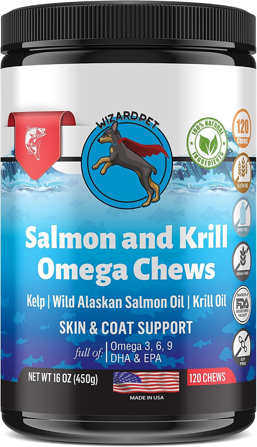 WIZARDPET Masticables Blandos de Aceite de Salmón y Krill para Perros - 120 Unidades - Suplemento de Omega 3, 6 y 9 con EPA y DHA