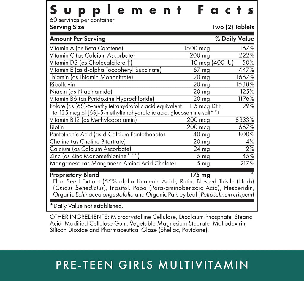 Michael's Health Naturopathic Programs Pre-Teen Girls - Multivitamínico diario para niñas de 9 a 12 años - 120 comprimidos vegetarianos