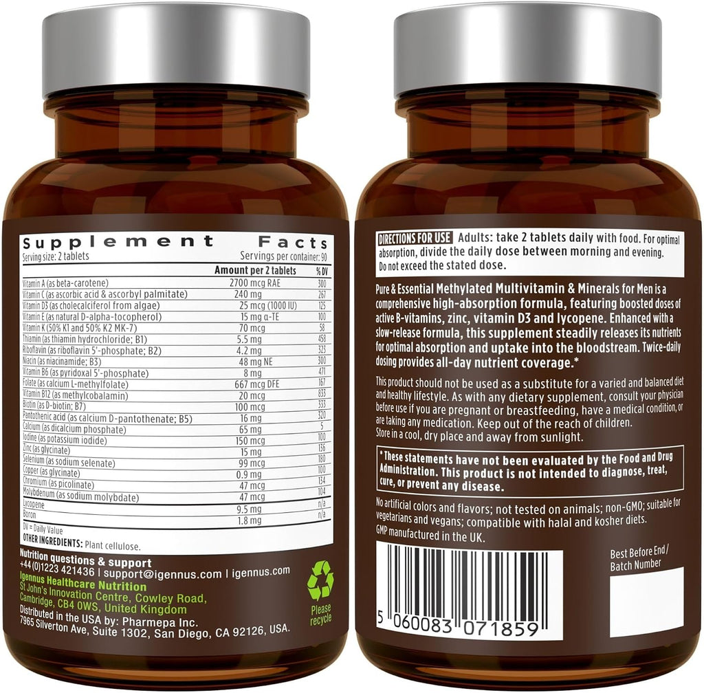 Igennus Multivitamínico Metilado para Hombres con 22 Activos, 180 Comprimidos