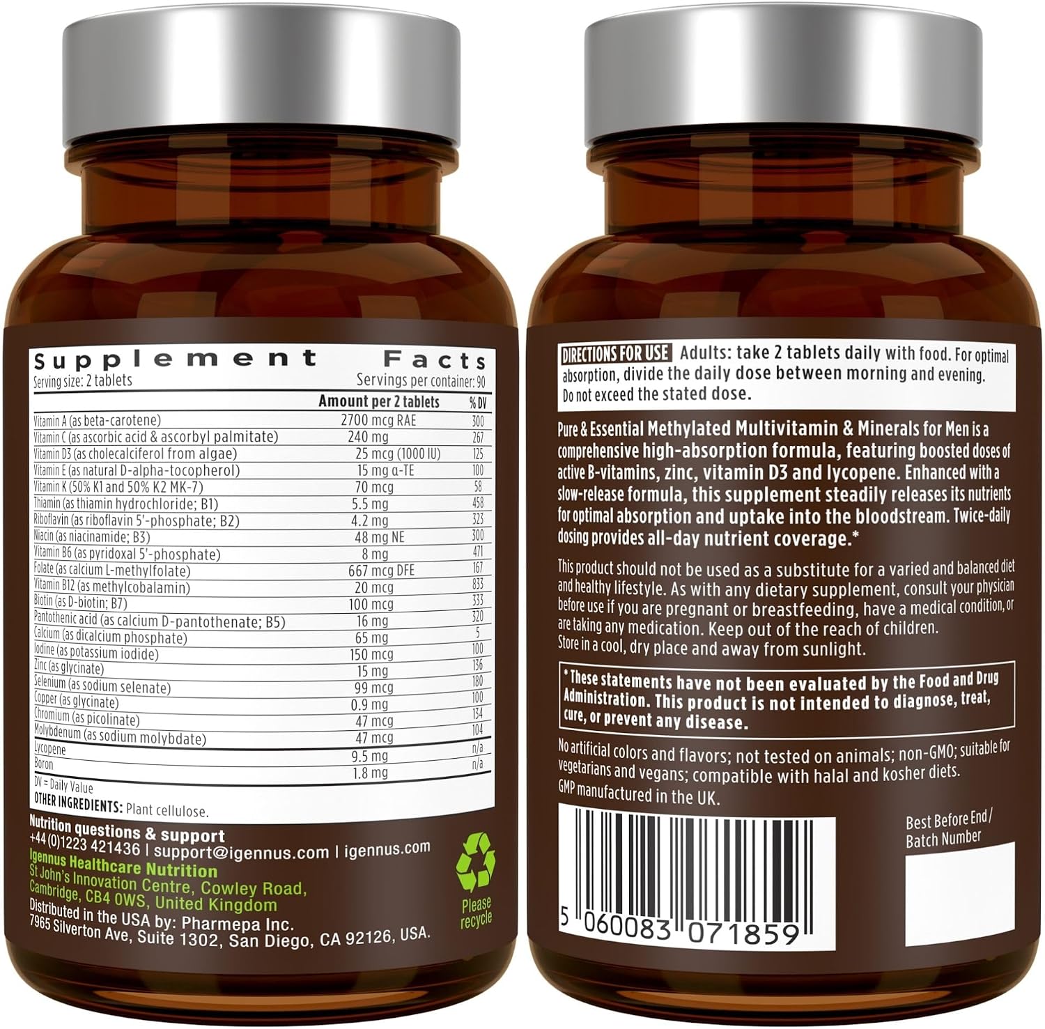 Igennus Multivitamínico Metilado para Hombres con 22 Activos, 180 Comprimidos