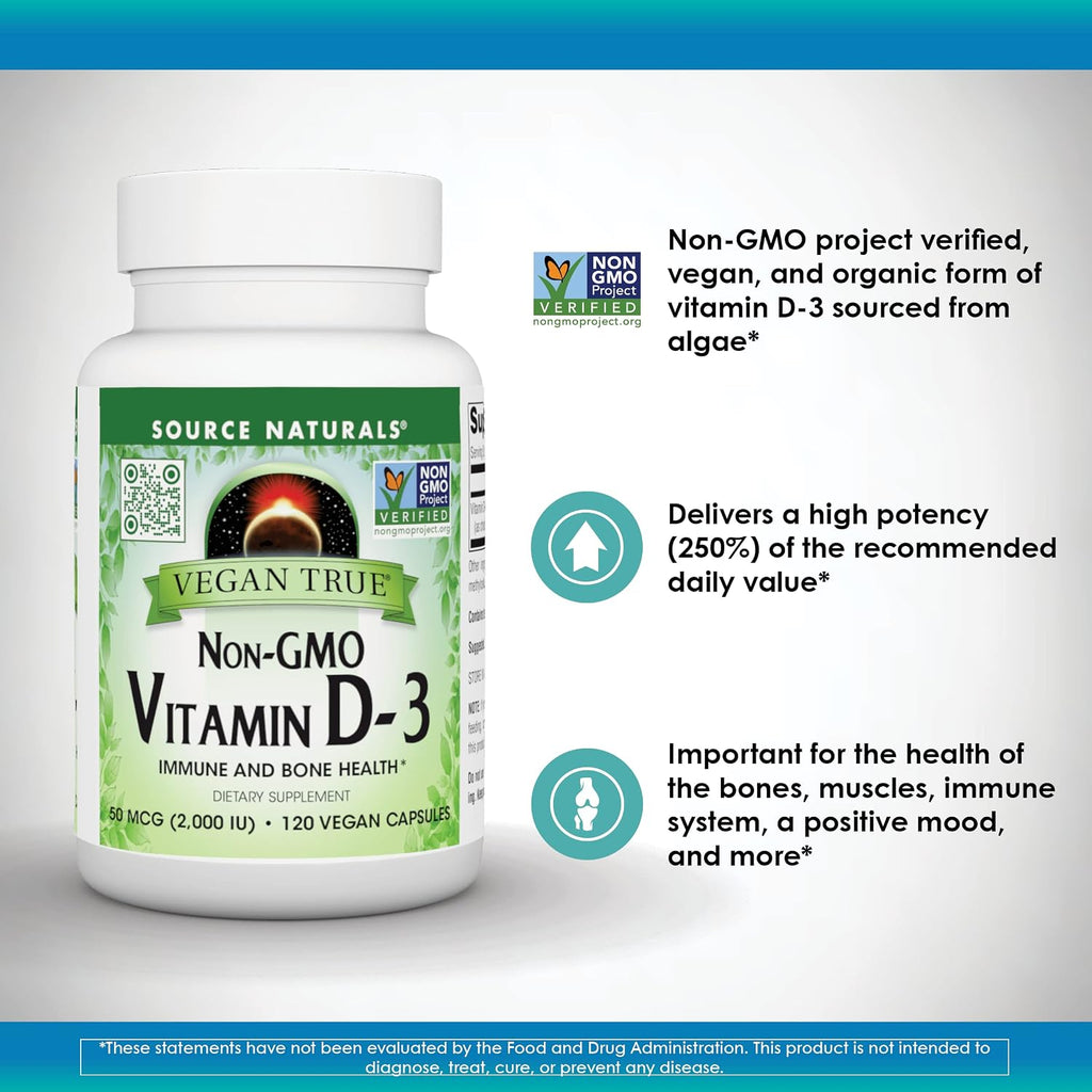 Source Naturals Vegan True Vitamina D3 2000 UI – 90 Cápsulas (Vegano, No-GMO, de Algas)