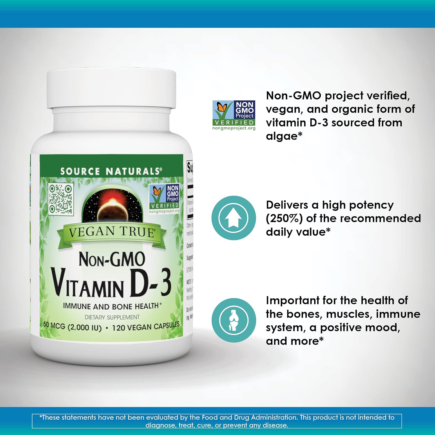 Source Naturals Vegan True Vitamina D3 2000 UI – 90 Cápsulas (Vegano, No-GMO, de Algas)
