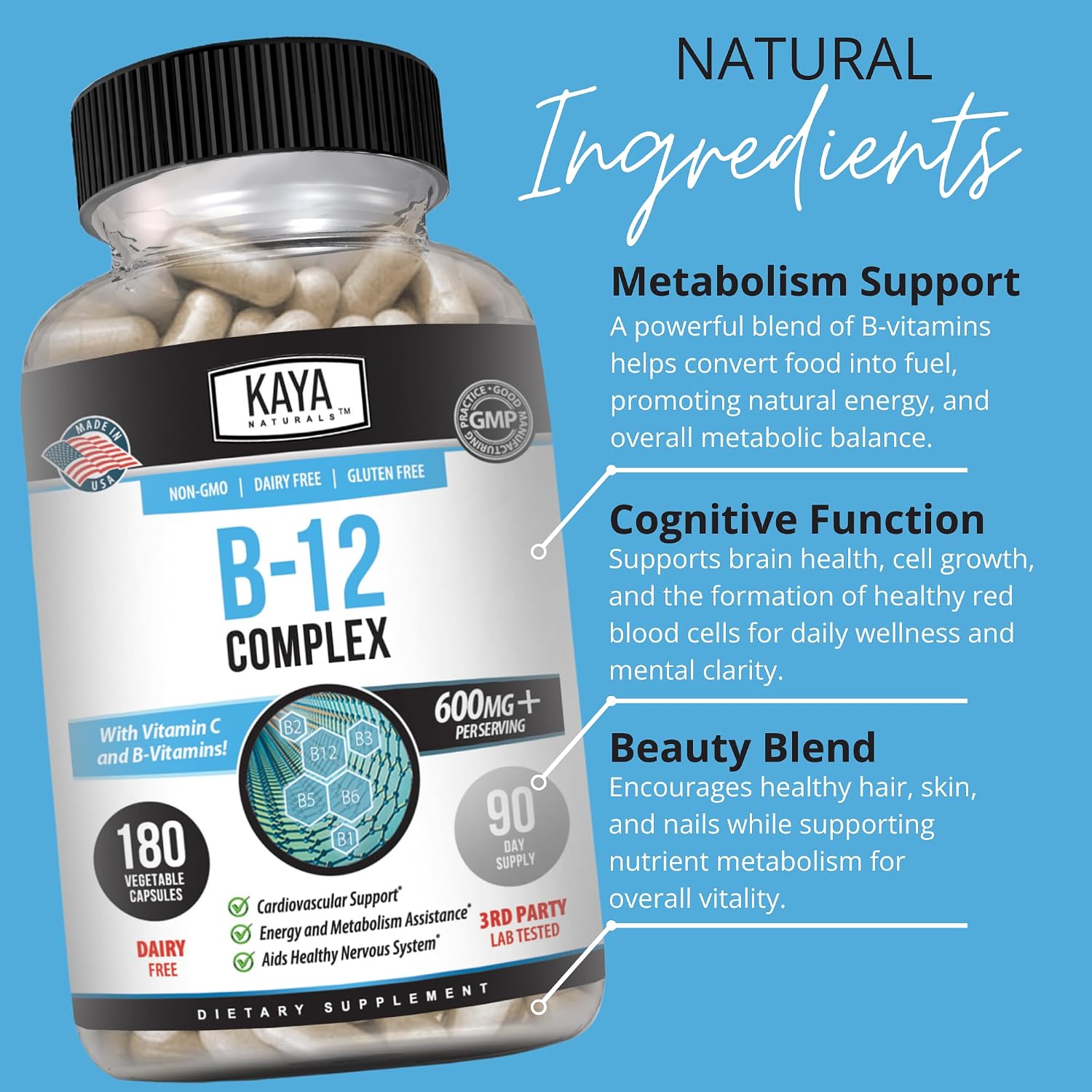 Kaya Naturals B-12 Complex | Multivitamínico para Mujeres y Hombres con Biotina, Colina, Inositol, Folato y Vitamina C - 180 Comprimidos
