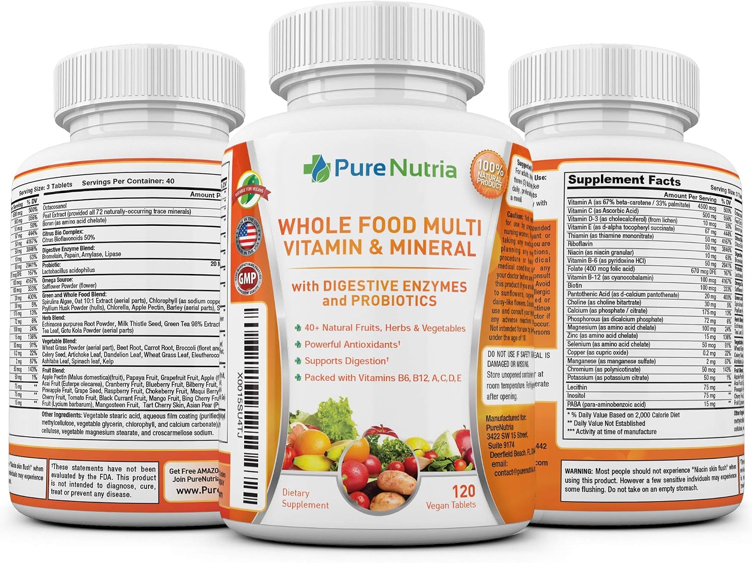 Whole Food Multivitamin with Probiotics and Enzymes - 120 Capsules for Women and Men