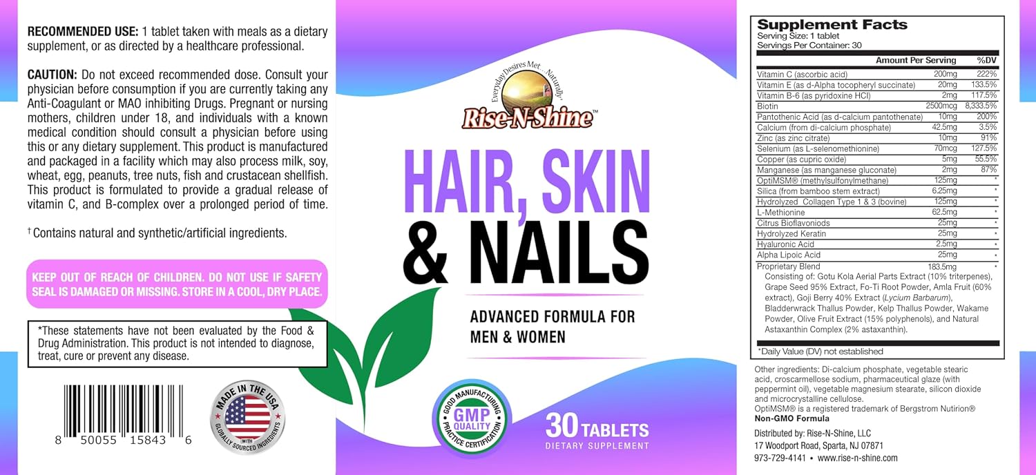Rise-N-Shine Cabello, Piel y Uñas - Suplemento Diario con Biotina y Colágeno