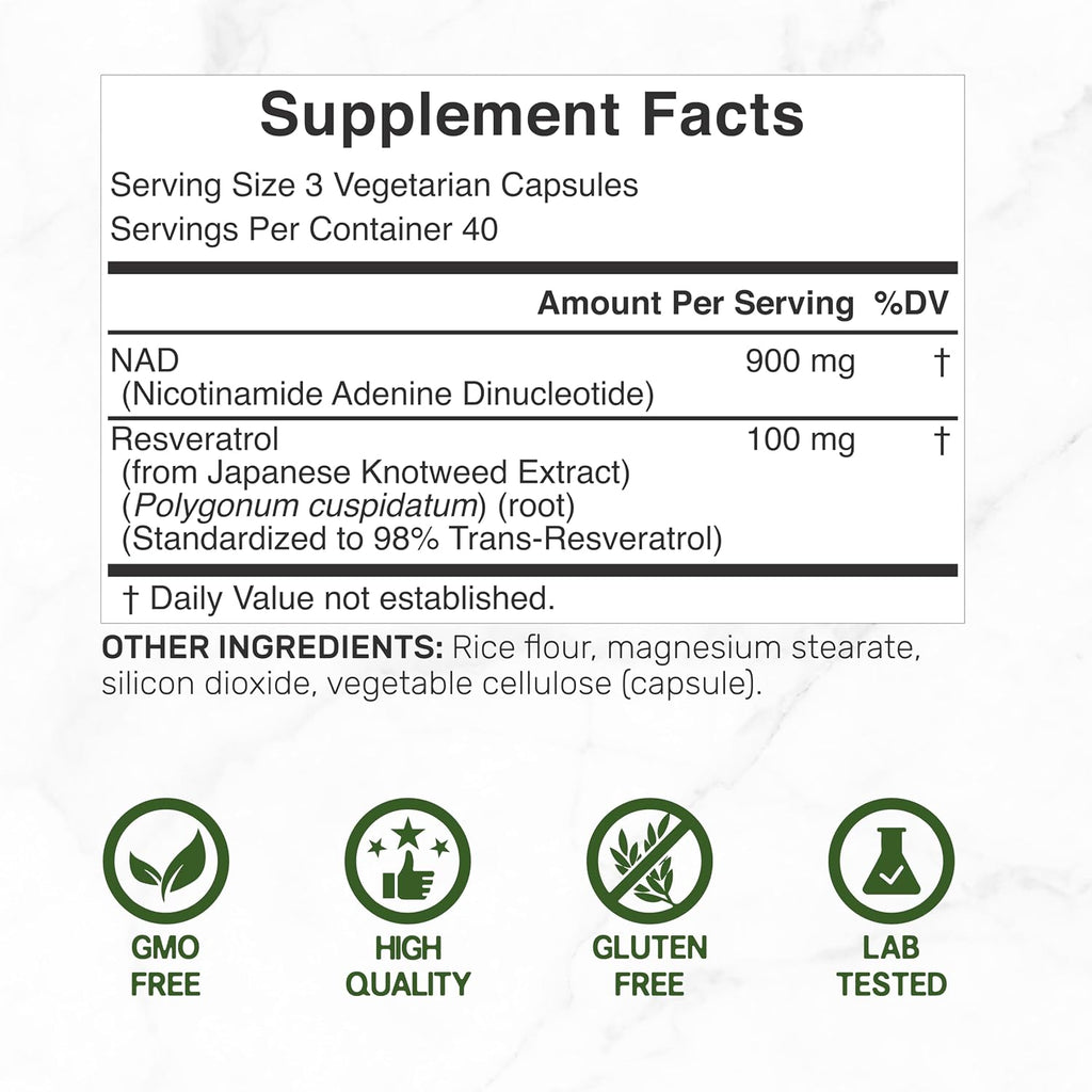 NAD+ Resveratrol 1.000mg por dosis, 120 Cápsulas Vegetales - 2 en 1 Suplemento de Potencia Extra, Alternativa al NMN, No Transgénico, Sin Gluten