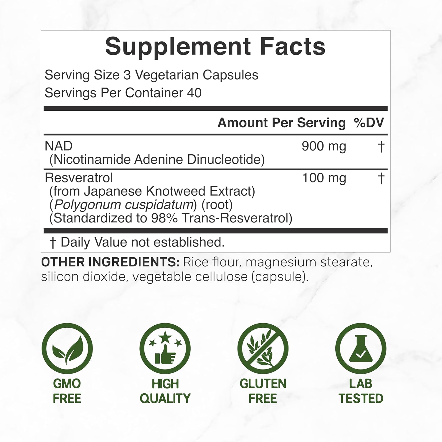 NAD+ Resveratrol 1.000mg por dosis, 120 Cápsulas Vegetales - 2 en 1 Suplemento de Potencia Extra, Alternativa al NMN, No Transgénico, Sin Gluten