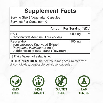 NAD+ Resveratrol 1.000mg por dosis, 120 Cápsulas Vegetales - 2 en 1 Suplemento de Potencia Extra, Alternativa al NMN, No – Image 2