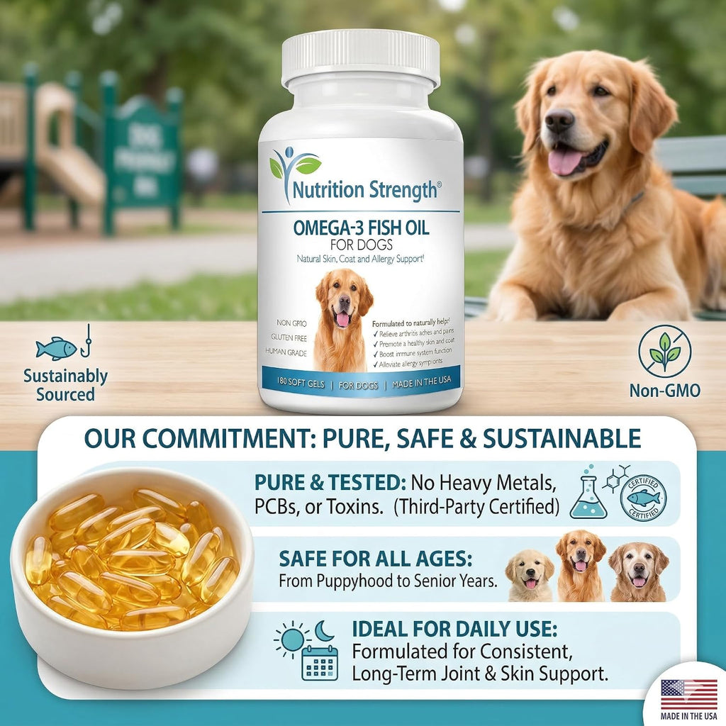 Omega 3 para Perros - Cápsulas de Aceite de Pescado con Alto EPA y DHA - Apoyo para Piel, Articulaciones y Salud General - 180 Cápsulas - Nutrition Strength