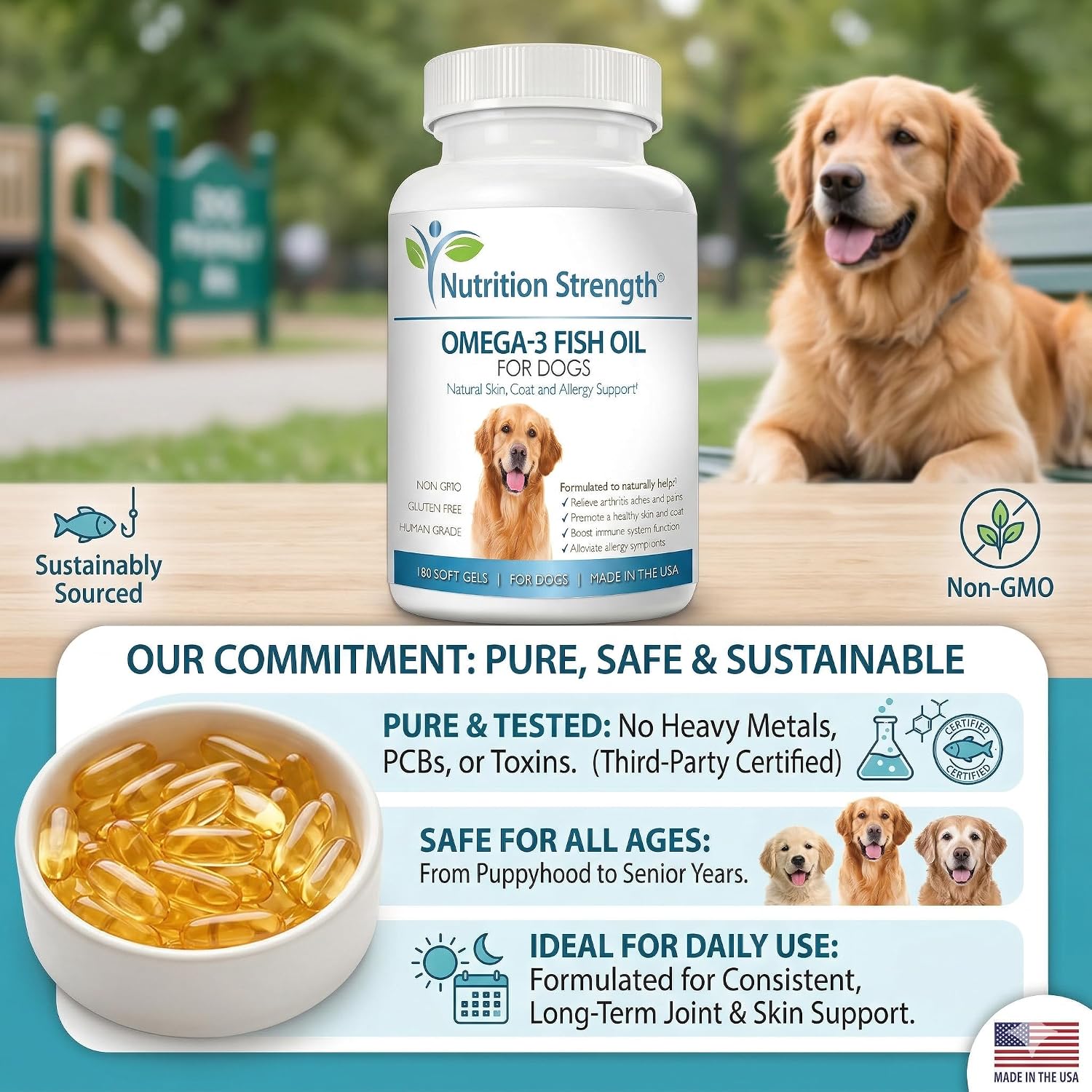 Omega 3 para Perros - Cápsulas de Aceite de Pescado con Alto EPA y DHA - Apoyo para Piel, Articulaciones y Salud General - 180 Cápsulas - Nutrition Strength