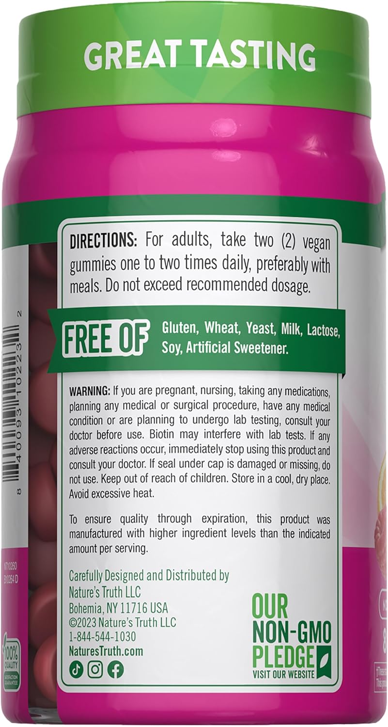 Nature's Truth Gominolas para Cabello, Piel y Uñas | 80 Gominolas | 2500mcg de Biotina | Vegano, Sin Gluten | Suplemento para Mujeres y Hombres