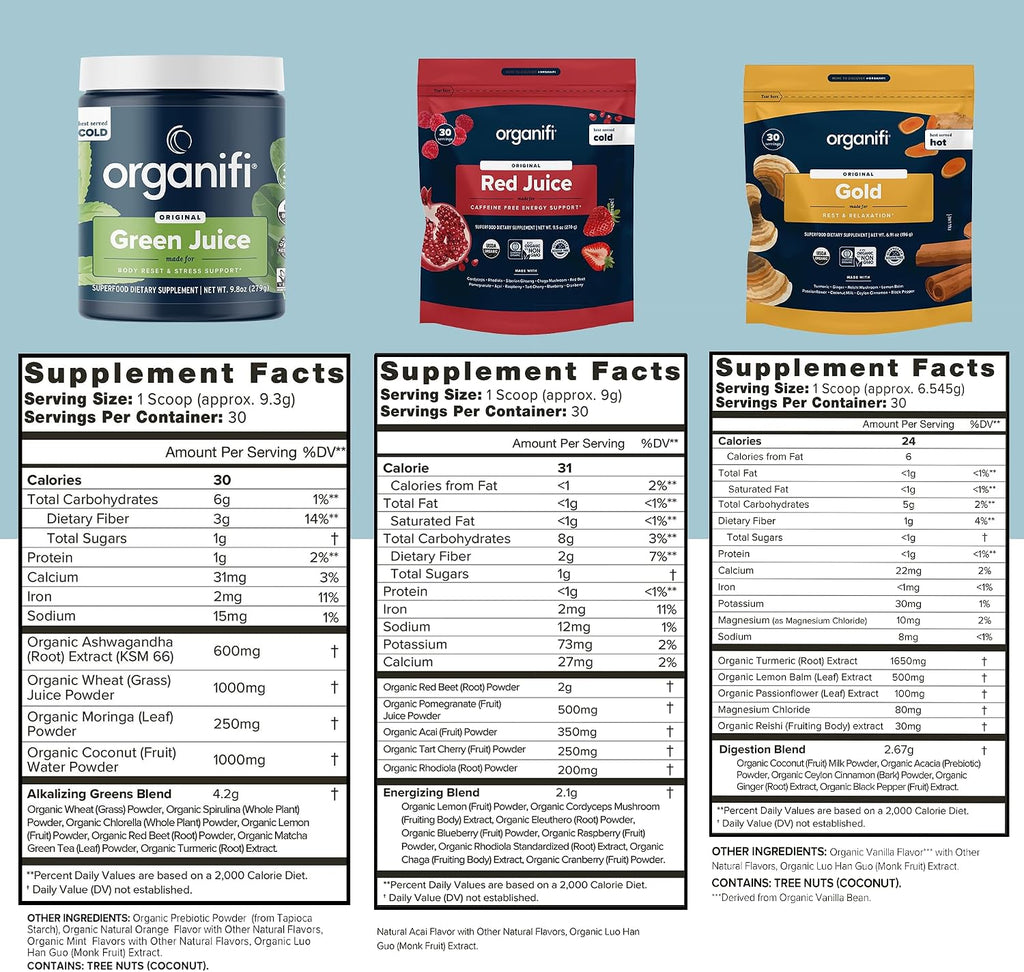 Organifi Sunrise to Sunset Power Box (9.5 Oz. Cada uno) - Superalimentos Ecológicos en Polvo - Green Juice, Red Juice, Golden Milk - 30 Días - Vegano