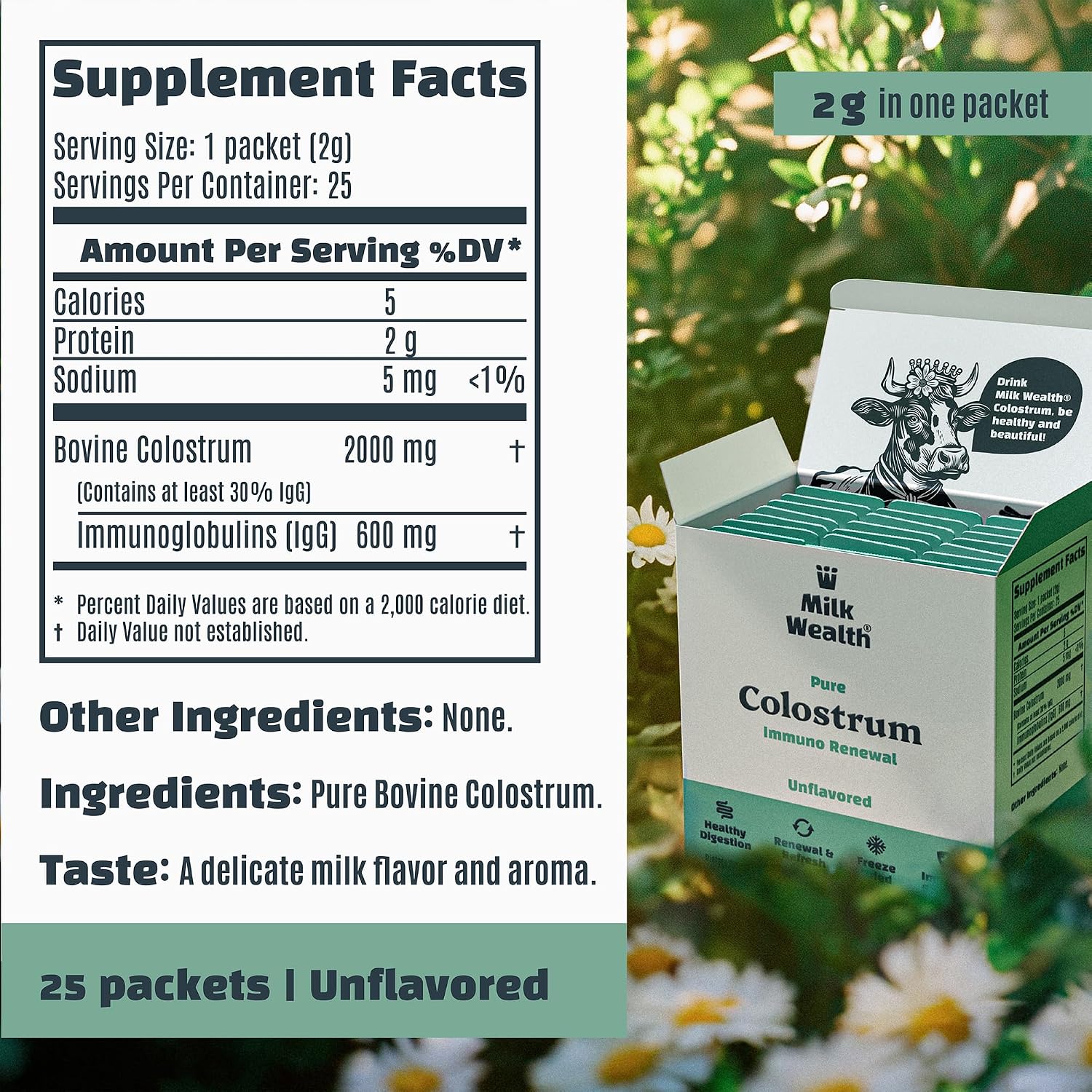 Milk Wealth™ Calostro Bovino en Polvo 50g | Liofilizado con IgG Natural | Apoyo Inmunitario y Salud Intestinal | Pasto Alimentado y Sin Sabor | No Transgénico y Sin Gluten | 25 Sobres Individuales (2g Cada Uno)