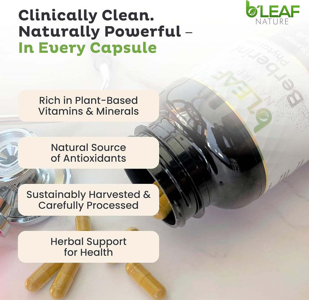 B’Leaf Nature Berberina Phytosome, 120 Cápsulas – 1100 mg de Berberina para el Apoyo Metabólico y Cardiovascular – Vegano, Sin Gluten, No-GMO