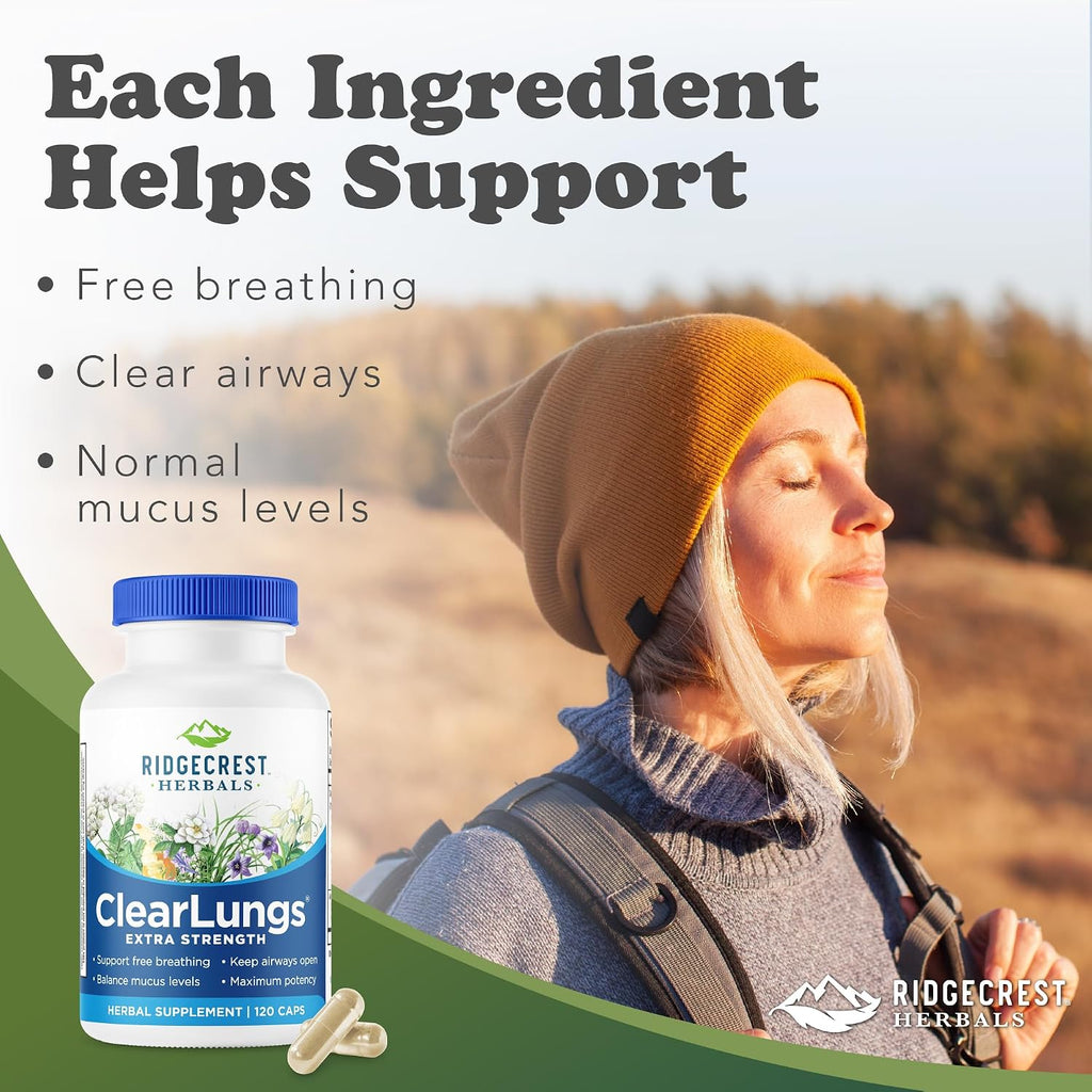 RidgeCrest Herbals ClearLungs Extra Strength - Complemento para el bienestar pulmonar y nasal - 120 cápsulas veganas (60 dosis)