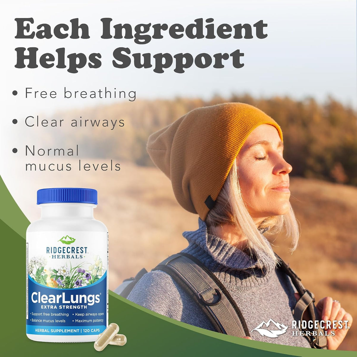 RidgeCrest Herbals ClearLungs Extra Strength - Complemento para el bienestar pulmonar y nasal - 120 cápsulas veganas (60 – Image 2