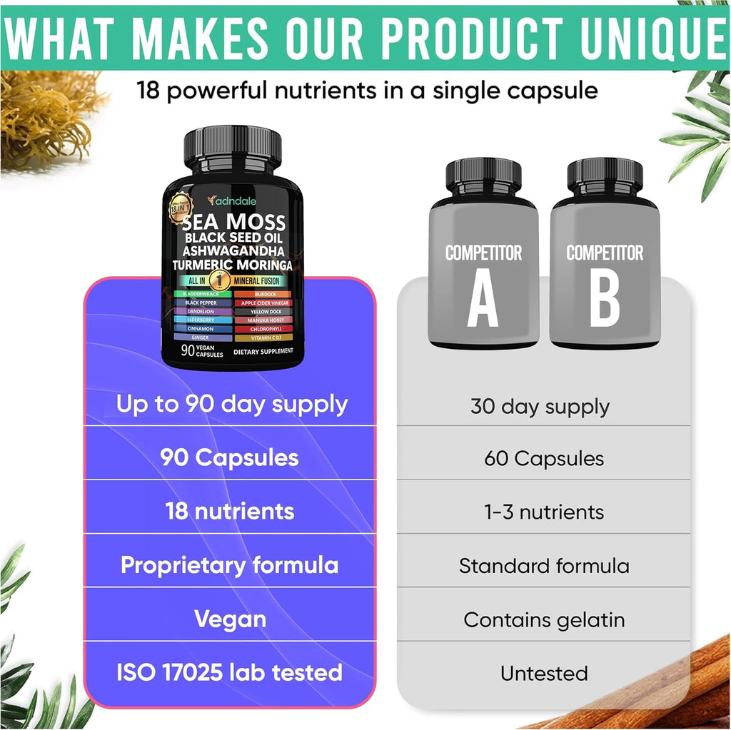 Adndale Sea Moss Capsules - Mezcla de 18 Ingredientes con Ashwagandha y Cúrcuma - 180 Cápsulas