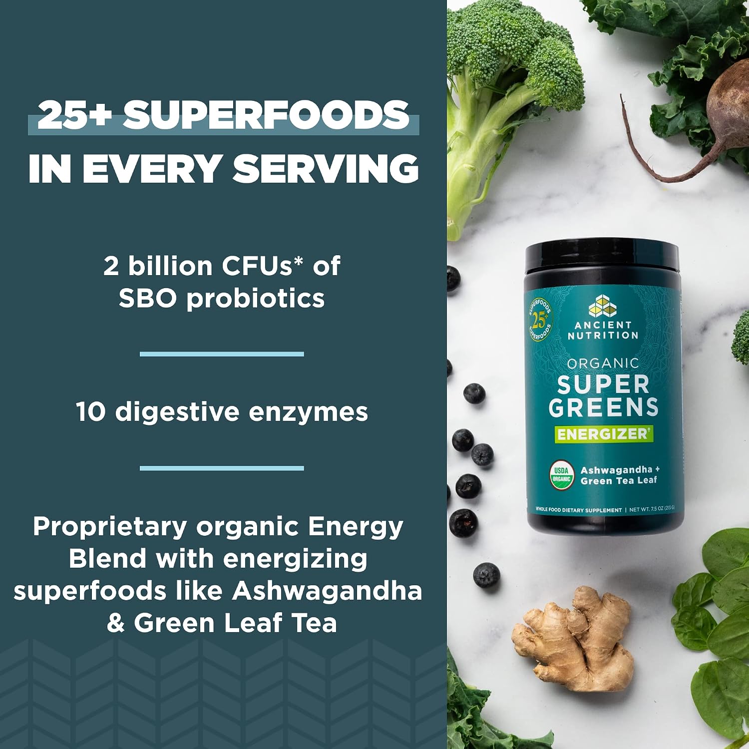 Ancient Nutrition Organic SuperGreens Energizer Powder with Probiotics and B12, Made from Real Fruits, Vegetables and Herbs, for Digestive, Detoxification and Energy Support, 25 Servings