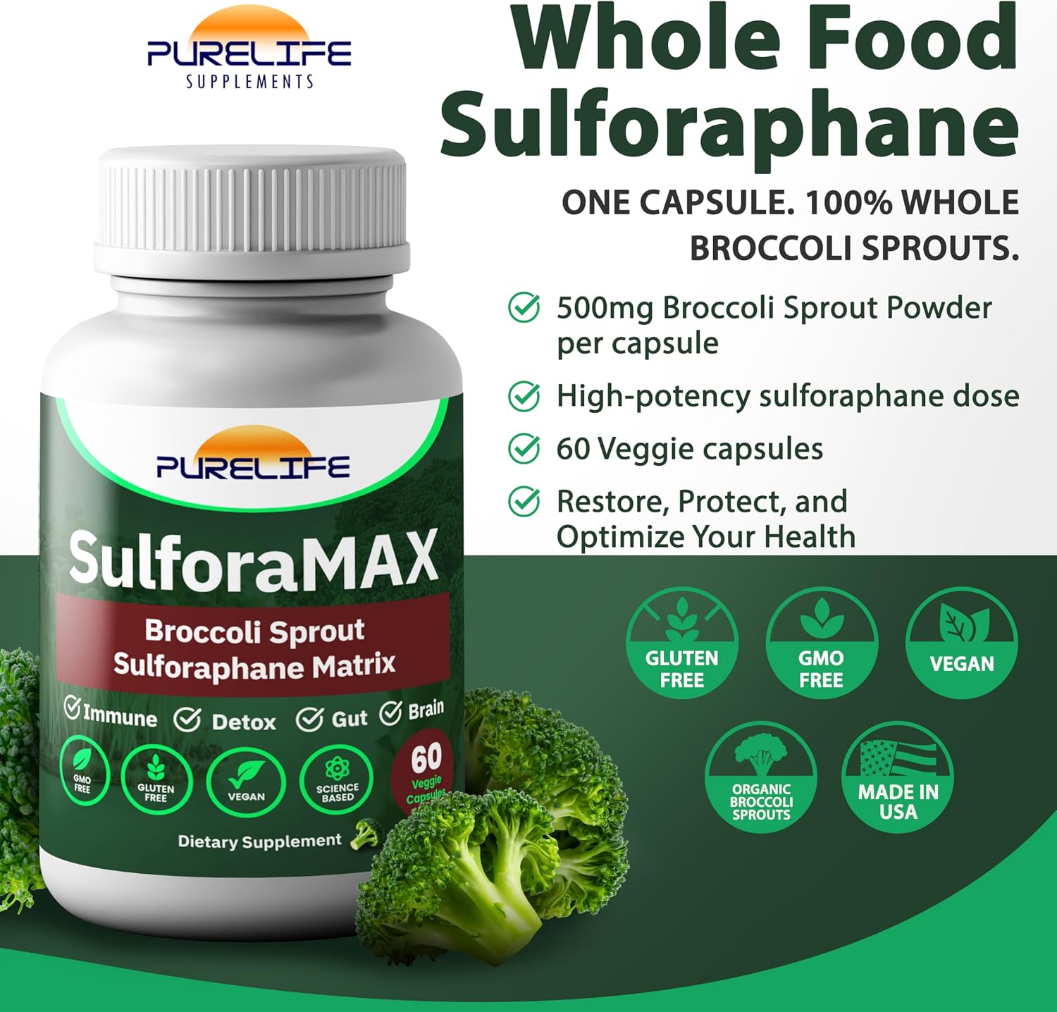 SulforaMAX (60 Cápsulas) - Complemento de Sulforafano de Brócoli - Apoyo Inmunitario, Salud del Corazón, Hígado y Cerebro - Vegano, Vegetariano, No-GMO