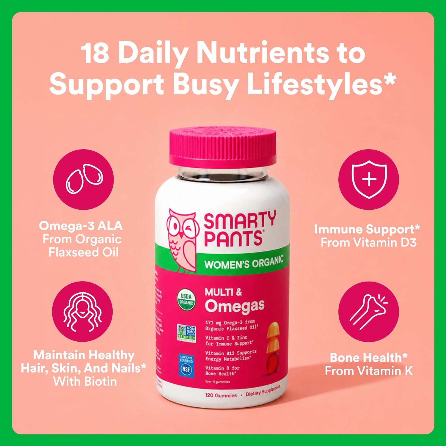 SmartyPants Multivitamínico Orgánico para Mujeres - Gominolas con Omega 3, Vitaminas y Minerales - 120 uds