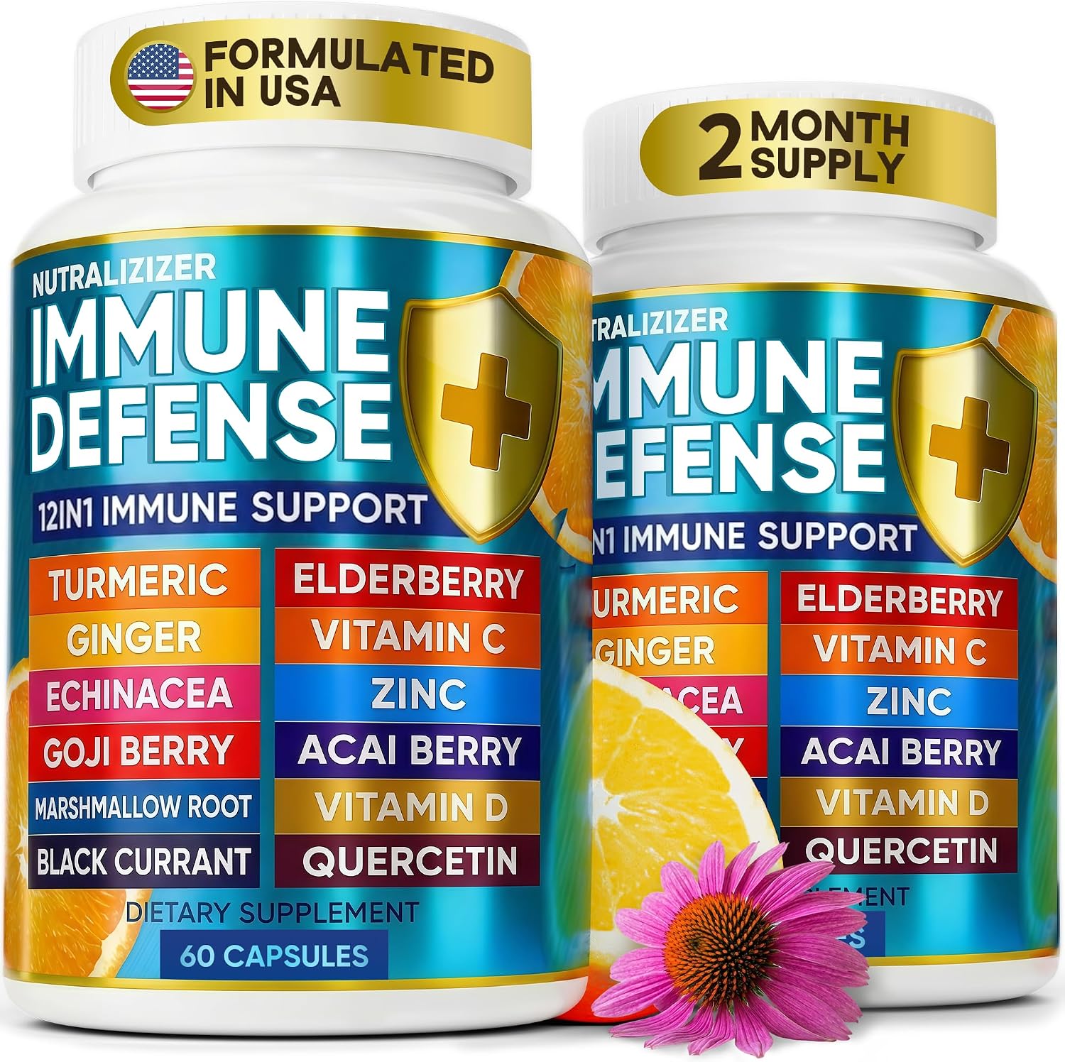 12 en 1 Immune Support Supplement - Immune Defense Vitamins w/Elderberry, Vitamin D3, C, Zinc, Echinacea, Ginger - Natural Immunity System Booster - Immune & Muscle Health 120 Caps