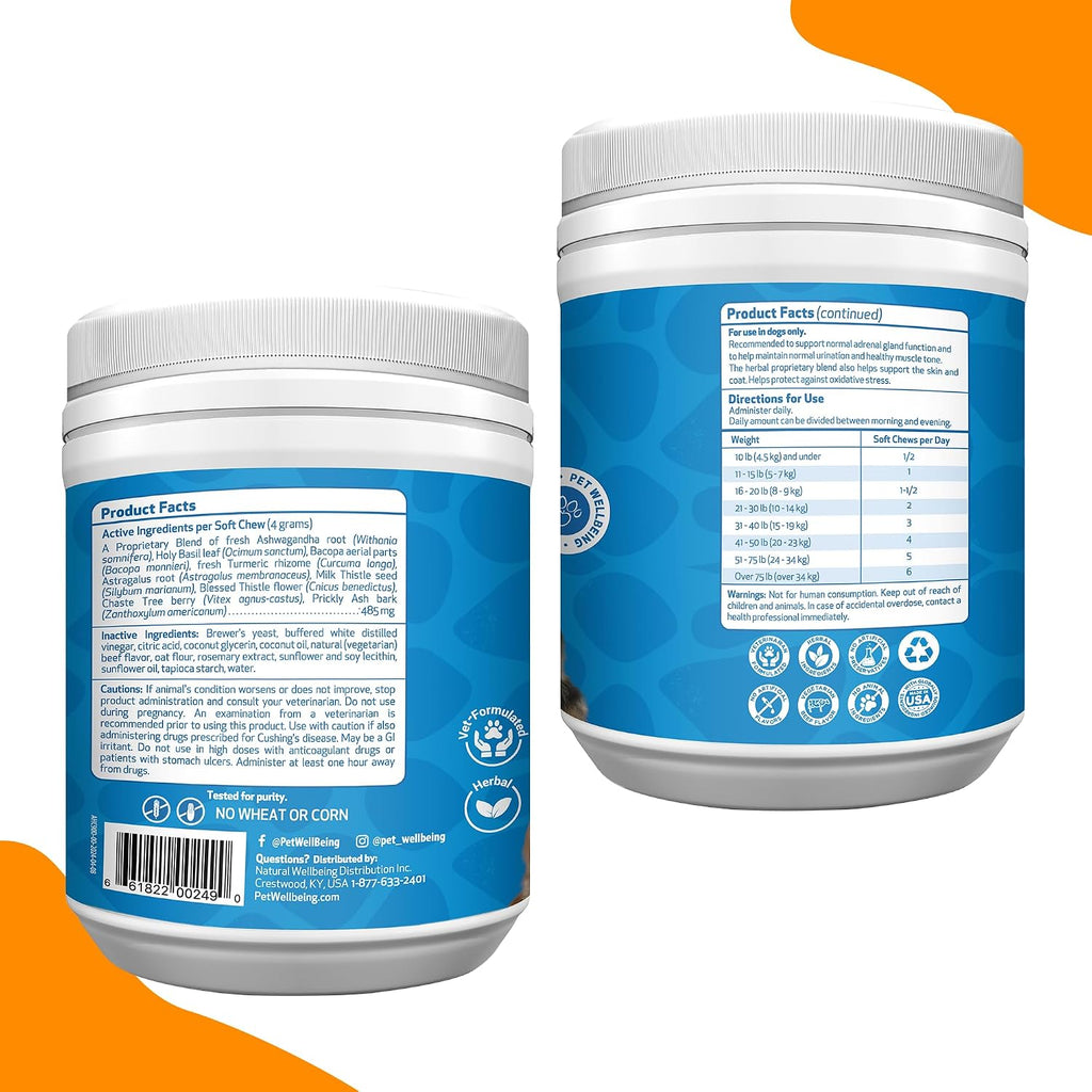 Pet Wellbeing Adrenal Harmony Chewies para Perros - Apoyo Suprarrenal y Equilibrio de Cortisol con Ashwagandha y Bacopa - Certificado NASC y Formulado por Veterinarios - 90 Chews Blandos