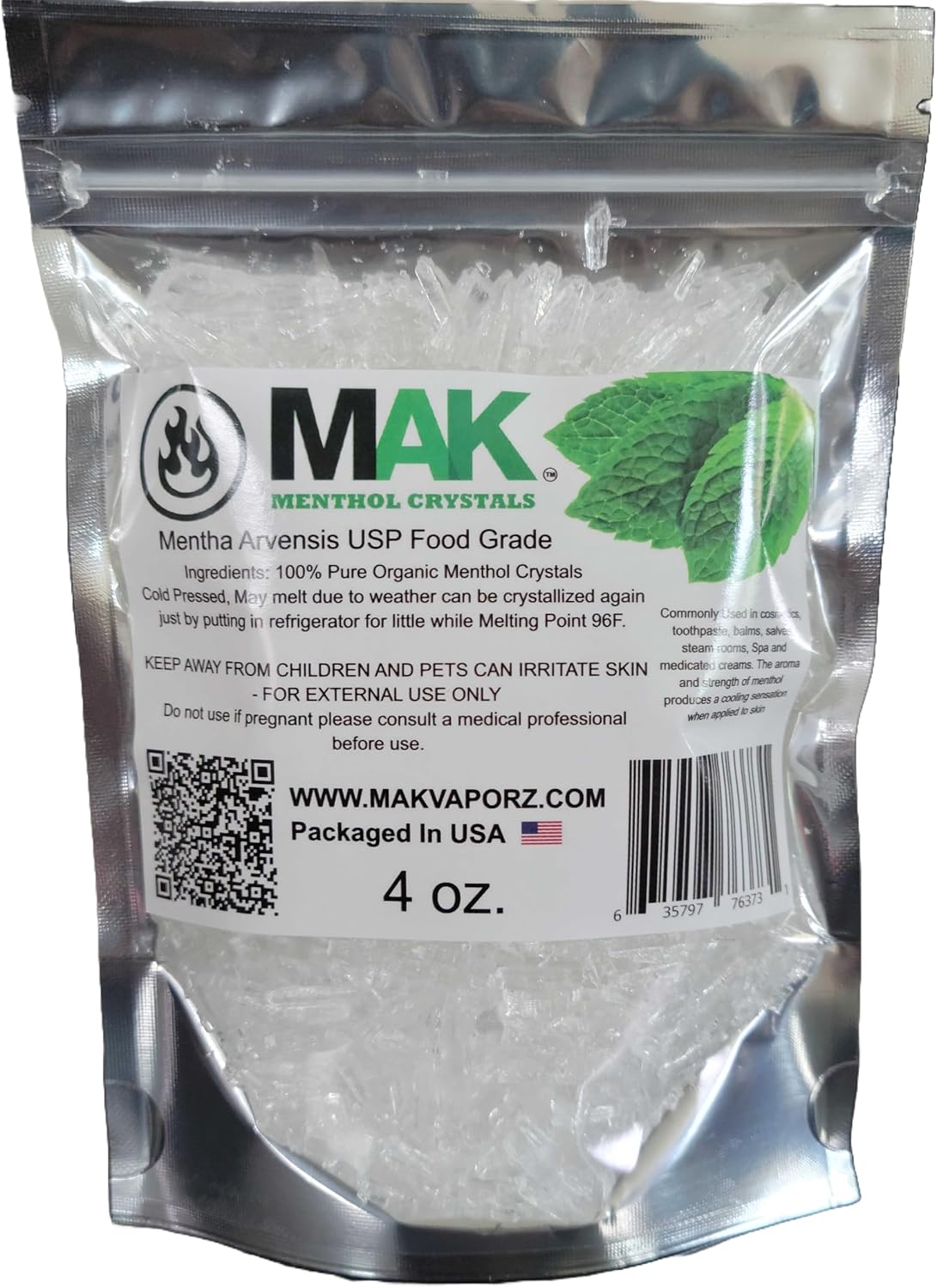 Mak Menthol Crystal 4 oz - Pure Organic 100% Natural - Cristales de Mentol de Menta